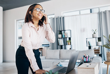 Image showing Smartphone call, communication and professional happy woman consulting, planning and smile for negotiation deal success. Cellphone, consultation and person speaking, chat and discussion with contact