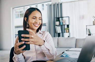 Image showing Smartphone, smile and businesswoman in the office typing an email or networking on internet. Communication, technology and professional female designer doing creative research on a phone and computer