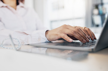 Image showing Laptop, hands and business woman typing application wireframe, webdesign or check search engine development. SEO research, report and closeup web designer working on company website design process