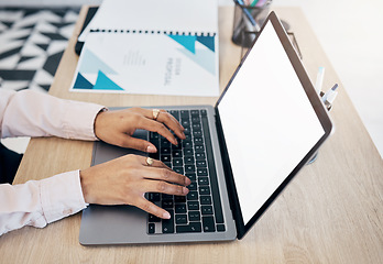 Image showing Laptop screen, hands and office person typing administration work, secretary project or company web report. UI Mockup space, tech closeup and receptionist working on research info, schedule or agenda