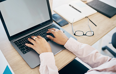 Image showing Laptop screen, hands and business person typing website wireframe, webdesign research or check project development. Mockup tech space, graphic or closeup employee working on agency web design process