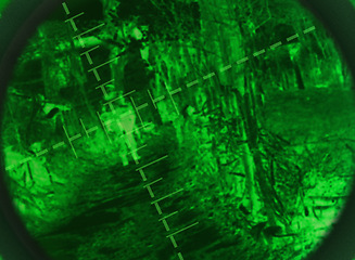 Image showing Night vision, military scope and soldiers of a army outdoor with security at war with green light. Search, surveillance and government with mission and target with agency working of spy and sniper