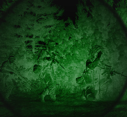 Image showing Night vision, military and soldiers of army outdoor with security at war with green light. Search, surveillance and teamwork with scope and mission with agency working of spy job and sniper target