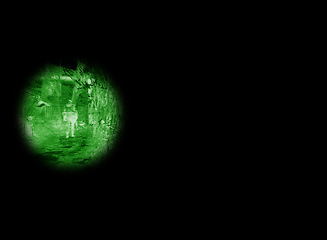 Image showing Night vision, military and target scope of a army outdoor with security at war with green light. Search, surveillance and government with scope and cybersecurity with agency working of spy and sniper