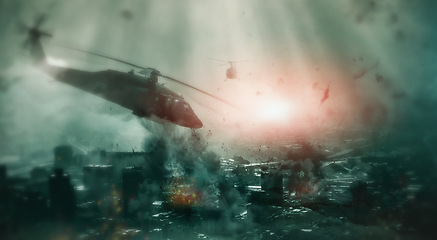 Image showing Explosion, warzone and military with helicopter on battlefield for apocalypse, nuclear missile launch and army. Warrior, bomb and attack with target on city for rocket, destruction and Armageddon