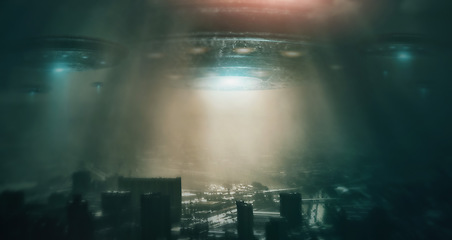 Image showing City, night and ufo in sky, spaceship and surreal alien invasion outdoor. Future, flying saucer and spacecraft in urban town, extraterrestrial drone in flight and UAP over cityscape, metro and cbd