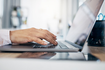 Image showing Laptop, hands and office person typing administration work, secretary project or company web report. Computer, business closeup and professional receptionist working on research, schedule or agenda