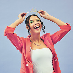 Image showing Fashion, beauty and portrait of woman with crown in studio for glamour, luxury and winning prize. Excited, wow and person with tiara for princess pageant, winner and cosmetics on purple background