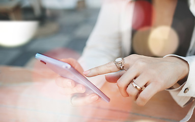 Image showing Person, hands and phone in social media, research or online networking and browsing on table. Closeup of blogger or journalist typing, texting or chatting on mobile smartphone app for communication