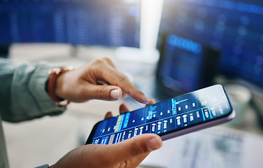 Image showing Phone screen, stock market and hands of business person trading, data analytics and profit or sales. Trader or person scroll on mobile app or chart for finance, statistics and investment balance