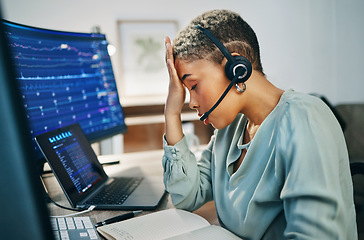 Image showing Headache, stress and woman in call center, fatigue or burnout at help desk office. Pain, migraine and tired African consultant frustrated at customer, fail telemarketing challenge or financial crisis