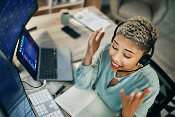 Image showing Frustrated woman, call center and stock market crash in mistake, fail or financial crisis at office. Female person, consultant or broker in debt, stress or anxiety for bad investment, finance or loss