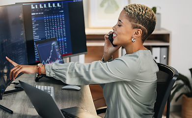 Image showing Happy woman, phone call and consulting on stock market, trading or online finance at office. Female person, broker or financial advisor talking on mobile smartphone for advice, help or investment