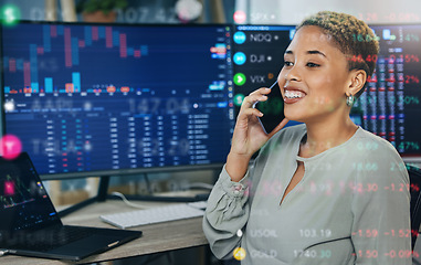 Image showing Happy woman, phone call and broker consulting stock market trends, overlay or discussion at office. Female person or financial advisor smile talking on mobile smartphone for finance, profit or loss