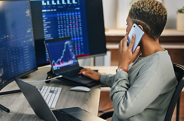 Image showing Business woman, phone call and trading on stock market in consulting, online advice or discussion at office. Female person, financial advisor or broker talking on mobile smartphone for finance growth