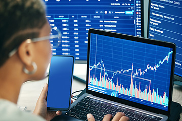 Image showing Person, phone and laptop on stock market in fintech, trading or online business finance at office. Employee, broker or financial advisor on mobile smartphone or computer for profit, app or growth