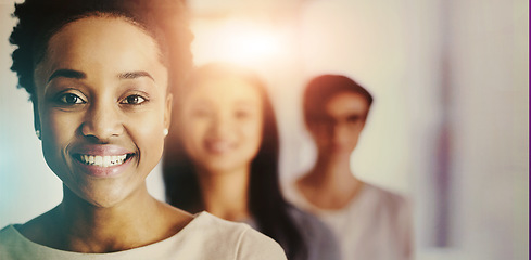 Image showing Portrait, leadership and black woman in row in an office for business, management and teamwork. Happy, corporate and face of an African employee in a line with workers in the workplace for solidarity