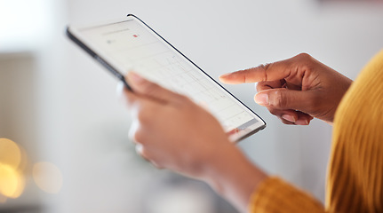 Image showing Tablet, hands and woman with data analysis, connection and information for digital marketing with bokeh. Technology, person and screen with internet for business, research and analytics with charts