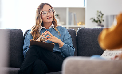 Image showing Counseling, therapy and woman therapist talking to client in a consultation or psychology conversation for mental health. Communication, support and professional Psychologist help person with advice