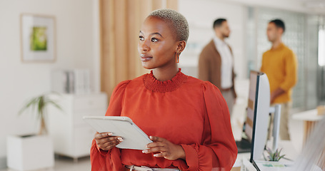 Image showing Professional black woman, tablet and designer thinking of creative inspiration plan, online development or agency research. Brainstorming, African business person and problem solving project solution