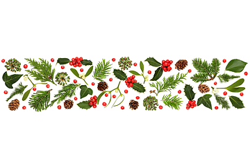 Image showing Traditional Christmas Winter Greenery and Holly Berry Banner 