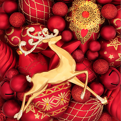 Image showing Christmas Reindeer and Red and Gold Bauble Background