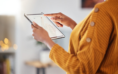 Image showing Woman, hands and tablet with data analysis, connection and information for digital marketing with bokeh. Technology, person and screen with internet for business, research and analytics or charts