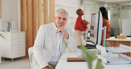 Image showing Portrait, business and senior man with a career, office and computer with leader, professional and formal. Mature person, old guy or manager with employees, pc and corporate with internet or website