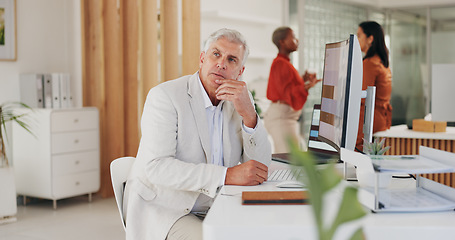 Image showing Computer, thinking and senior man with business, office or solution with leader, professional or decision. Mature person, workplace or manager with opportunity, pc and corporate with internet or idea