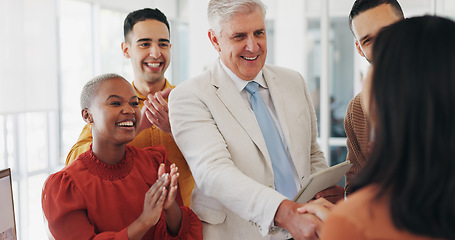 Image showing Business people, applause and shaking hands for teamwork success, collaboration and project congratulations. Marketing group, manager handshake and clapping for deal, thank you and winner in office