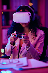 Image showing Virtual reality, glasses and woman, gaming developer or programmer for game software and futuristic electronics at night. Information technology gamer with vr vision, controller and metaverse in neon
