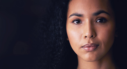 Image showing Studio, beauty and portrait of woman in with natural skincare, glow or treatment on black background. Cosmetics, wellness and face of lady model with dermatology, satisfaction or self care confidence