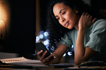Image showing Phone, communication and professional woman typing, search online or texting online business contact. Tired, smartphone and night person research mobile connection, application or reading email