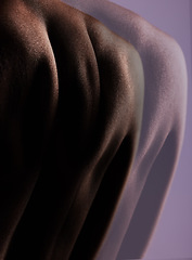 Image showing Skin, texture and back of person on double exposure for skincare, beauty and dermatology in studio. Creative aesthetic, silhouette and body on purple background for wellness, art deco or cosmetics