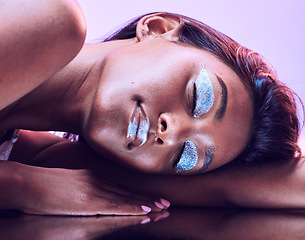 Image showing Beauty, glitter makeup and woman in studio with skincare and face with glow isolated on purple background. Eyeshadow, lipstick and bold with sparkle, silver shine and wellness, model with facial art