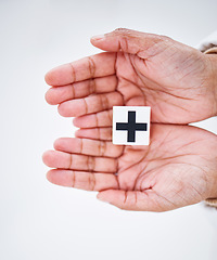 Image showing Healthcare, insurance and hands with cross sign for medical service, care and safety on white background. Hospital, symbol and person with emoji, shape and icon for help, support aid and medicine