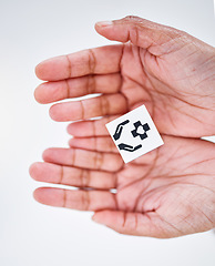 Image showing Healthcare, insurance and hands with sign for medical service, care and safety on white background. Top view, symbol and person with emoji, shape and icon for help, support and medicine for hospital