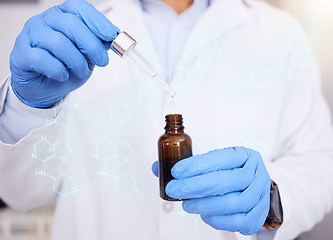 Image showing Essential oil, hands or scientist in lab overlay to research organic formula for science development. Serum closeup, medical study or chemical expert working on a skincare, future or beauty product