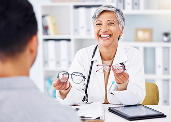 Image showing Optometrist, office and talking to patient with glasses in hands for vision on tech, screen or lens for protection of eyes. Optometry, consultation and doctor with advice, tablet or choice in eyewear