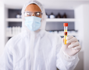 Image showing Danger, medical and man with liquid vial, sample and vaccination with bacteria, biohazard and warning. Person, face mask and researcher with test tube, safety and medicine with symbol and science