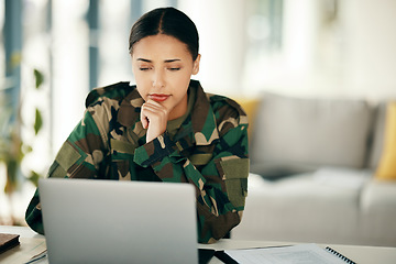 Image showing Laptop, serious soldier and woman in home, planning and problem solving. Computer, veteran on internet and technology online to search, thinking of army idea and reading military email in living room