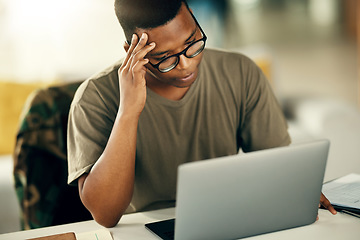 Image showing Black man, laptop and soldier with headache in stress, mental health or burnout from thinking at home. Frustrated male person with migraine on computer, war or anxiety with debt, online or documents