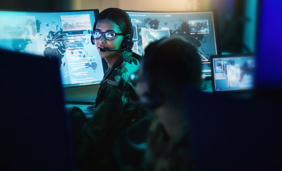 Image showing Military control room, headset and woman with man, computer and tech for communication. Security, global surveillance and soldier with teamwork in army office at government cyber data command center.