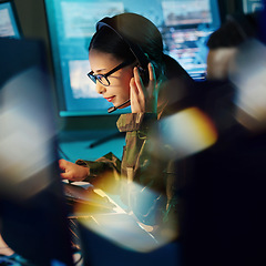 Image showing Military command center, headset and woman with communication, computer and technology. Security, global surveillance and soldier with teamwork in army office at government cyber data control room.