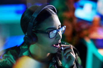 Image showing Military control room, headset and talking, woman with computer and technology for cyber intelligence. Security, surveillance and soldier in communication in army office at government command center.