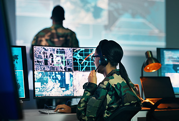 Image showing Military command center, computer screen and woman in surveillance, headset and tech for communication. Security, world satellite map and soldier at monitor in army office at government control room.