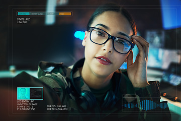 Image showing Record, military and portrait of woman on camera for surveillance, tracking operation and army. Security, government worker and soldier with live streaming overlay online for duty, service and report