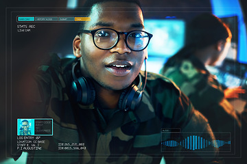 Image showing Record, military and portrait of black man on camera for surveillance, tracking operation and army. Control room, government and soldier on live streaming overlay online for duty, service and report
