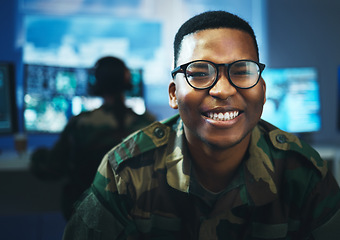 Image showing Military, surveillance and happy portrait of man in cybersecurity, control room and government communication office. Army, employee and smile on face with pride, confidence and working in spy tech
