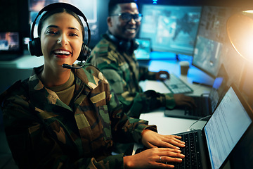 Image showing Military control room, laptop and portrait of woman in headset, smile and tech communication. Security, global surveillance and happy soldier at computer in army office at government command center.